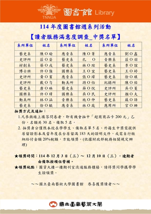 114年度圖書館週系列活動_【讀者服務滿意度調查_中獎名單】